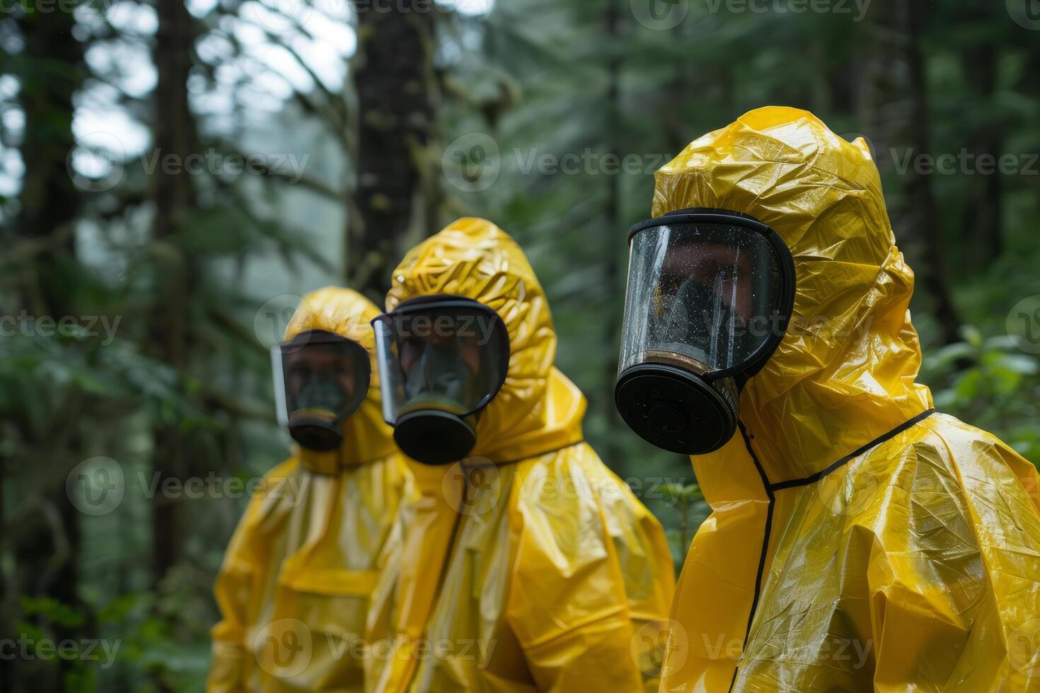 Group of scientists wearing hazmat suits and gas masks standing in forest photo