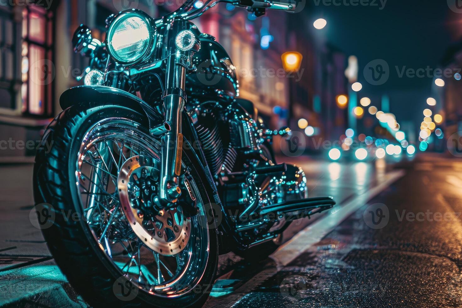 Powerful chrome motorcycle parked on a city street at night with bokeh lights photo