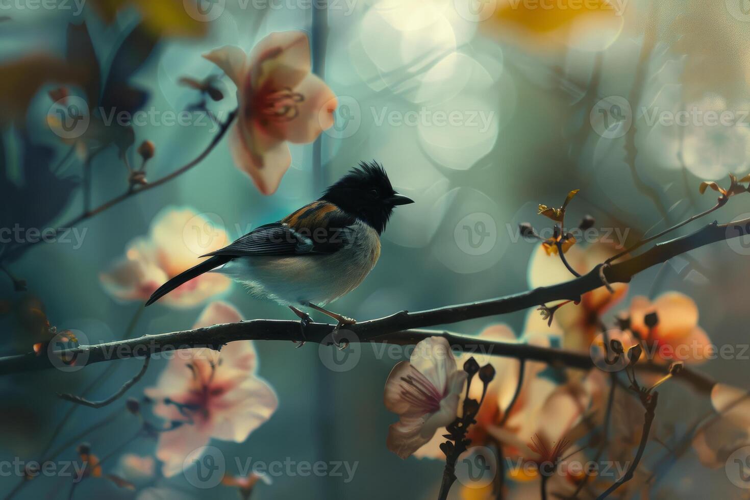 Small bird perched on branch surrounded by pink flowers enjoying spring sunlight photo