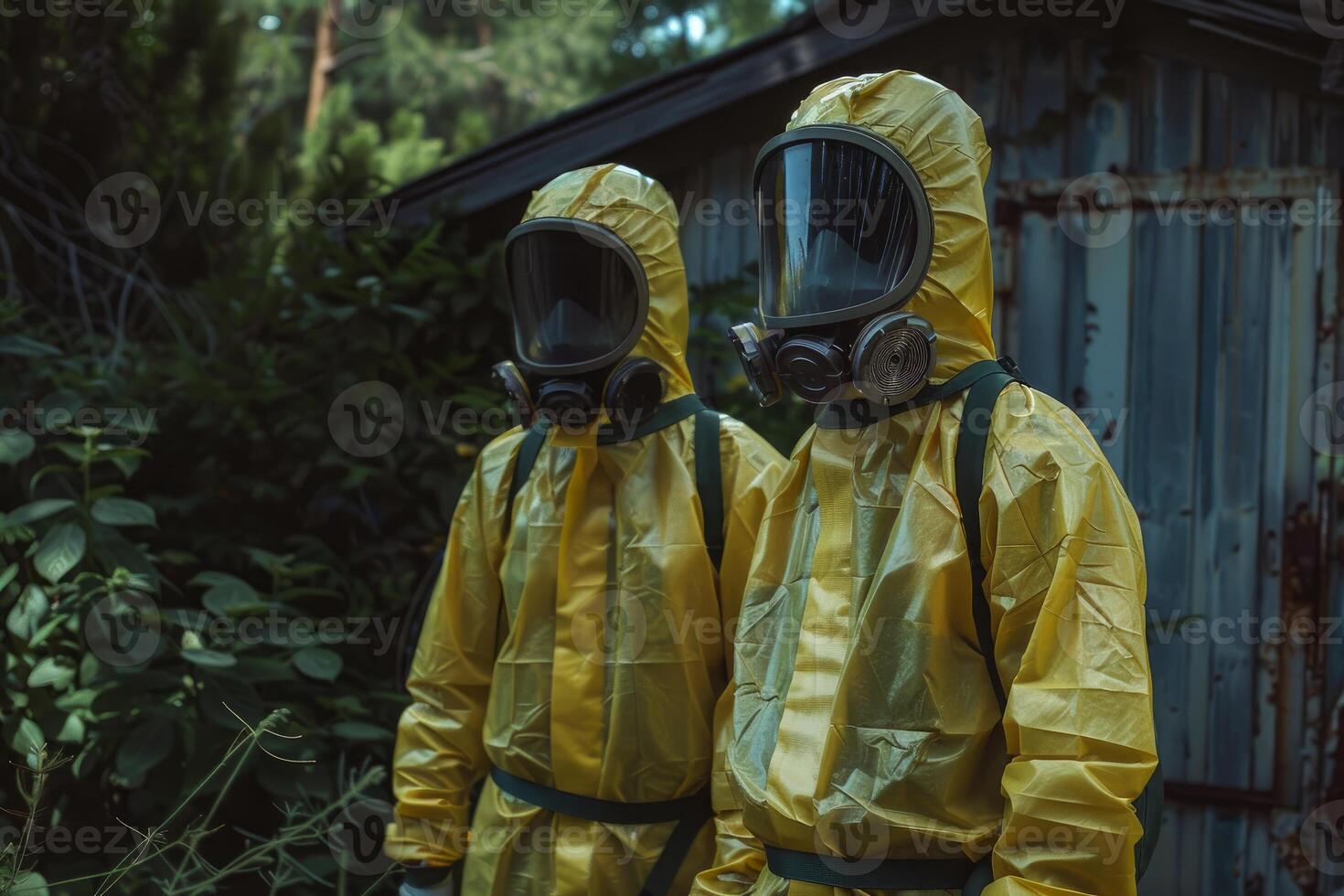 Two scientists wearing hazmat suits and gas masks exploring abandoned building in the woods photo