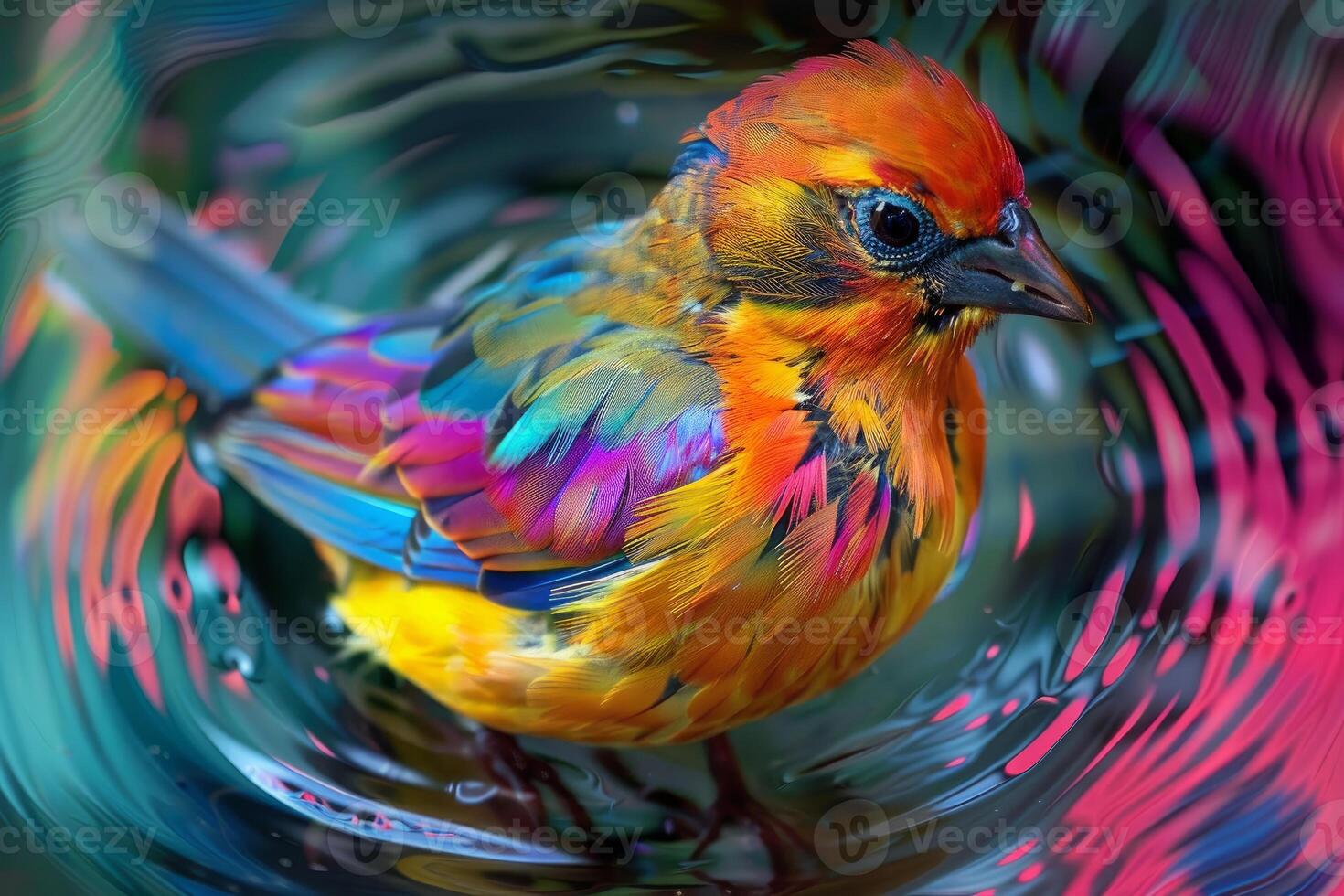 Colorful exotic bird resting on branch over psychedelic water reflecting its image photo