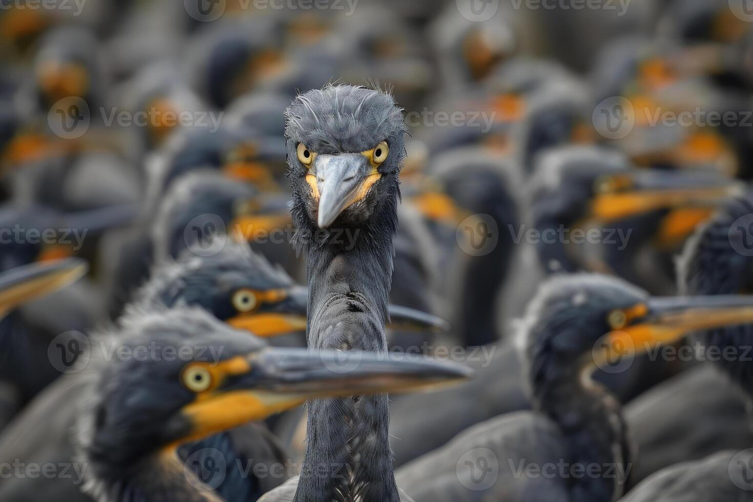 Black feathered cormorant surrounded by colony members photo