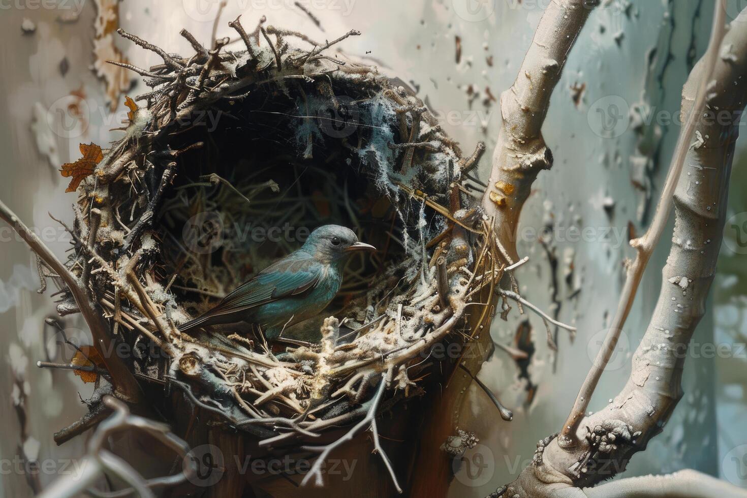 Small blue bird resting in its nest built with twigs and feathers photo
