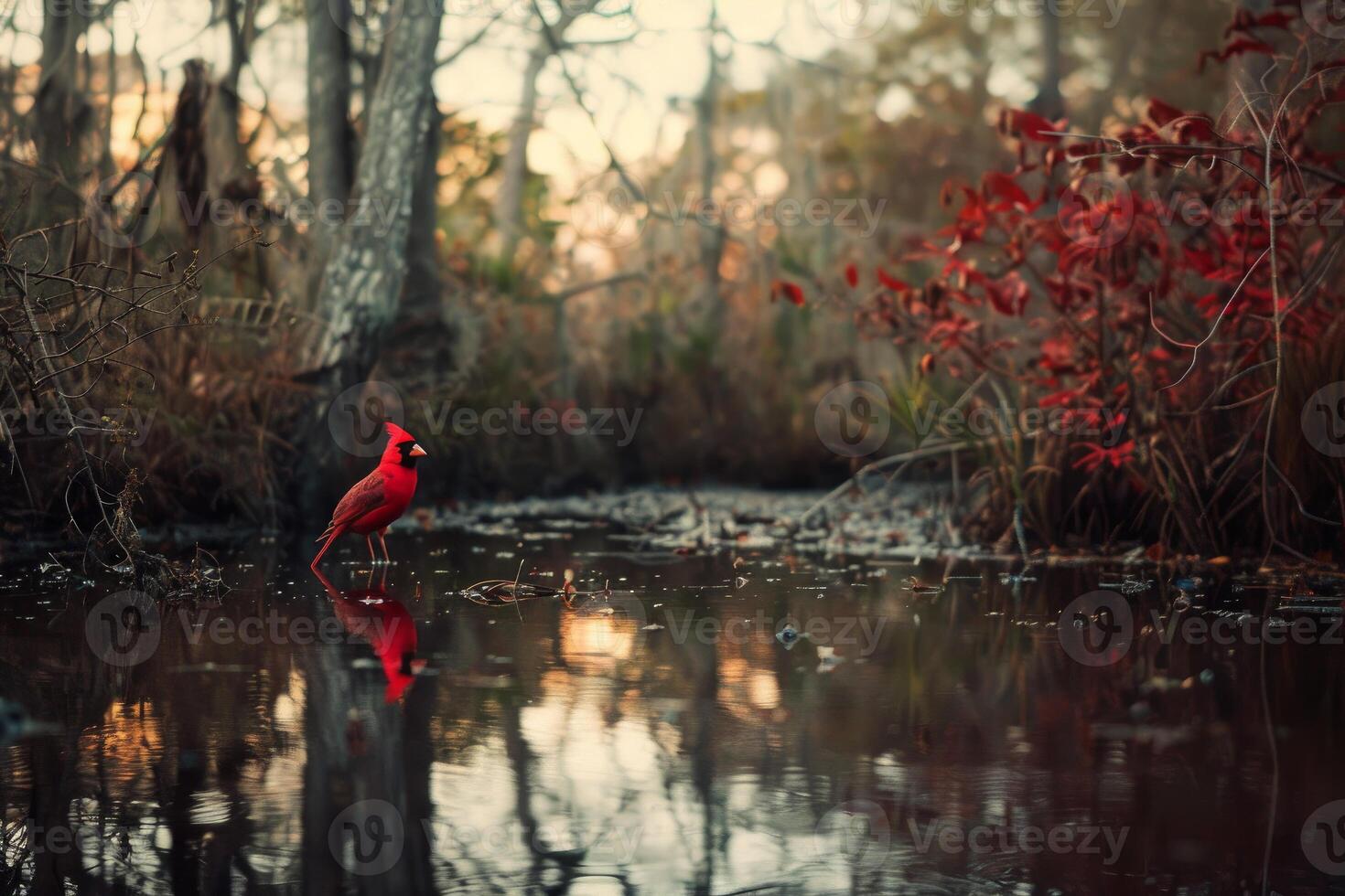 Northern cardinal perched on branch overlooking reflective pond in autumn forest photo