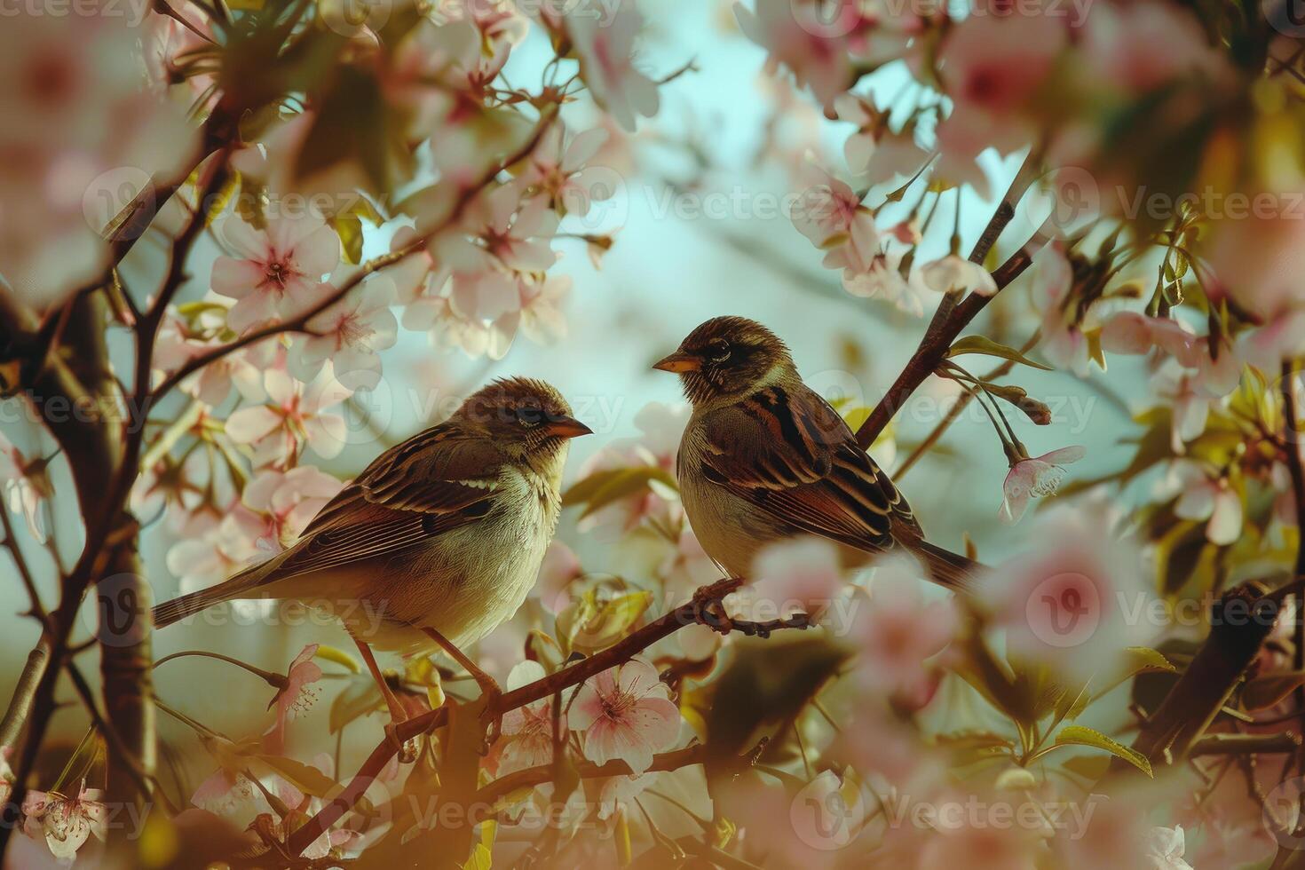 Two small birds perching on a cherry tree branch full of beautiful pink flowers photo