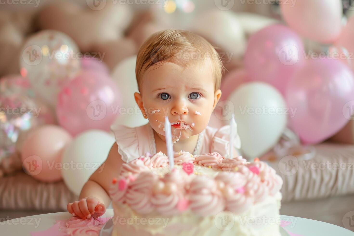 Baby girl is celebrating her first birthday by digging into her cake photo