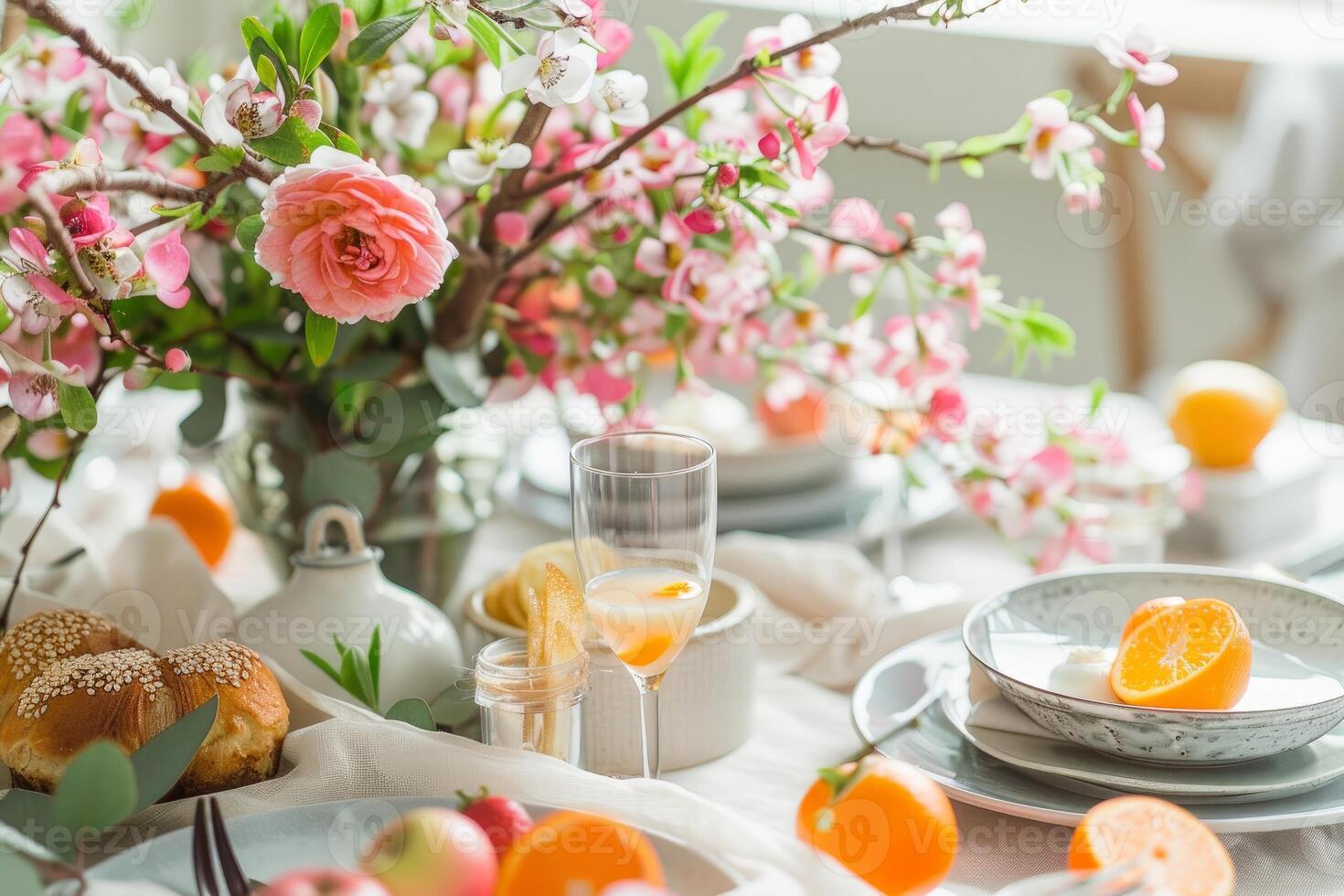 Table is set with plates, glasses, and silverware for a festive family dinner photo