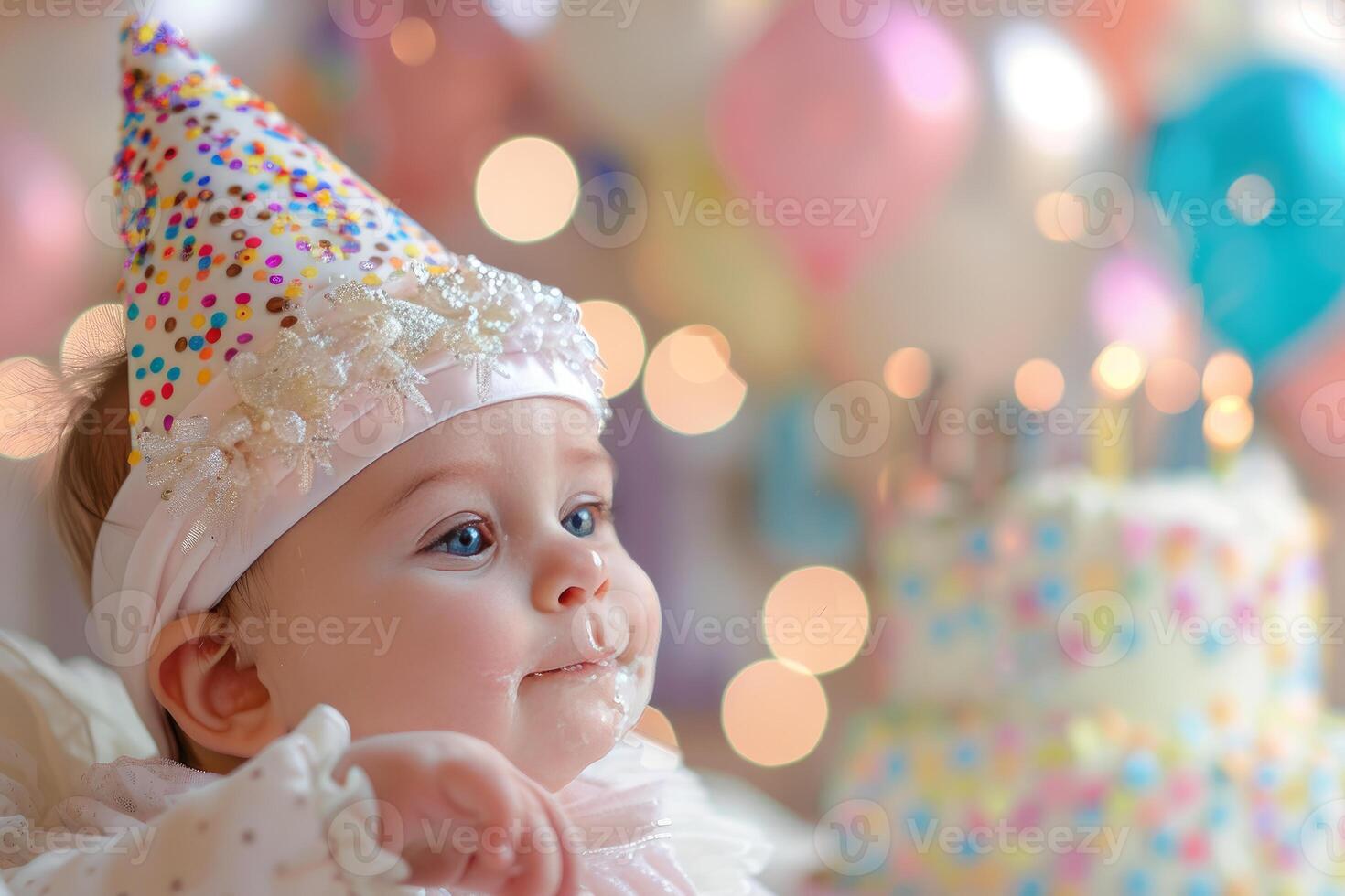 Adorable baby girl wearing a party hat and enjoying her first birthday cake smash photo