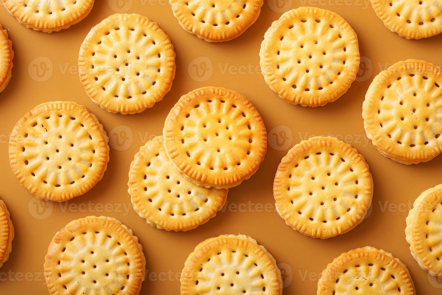 Round crispy biscuits lying on yellow background forming pattern photo
