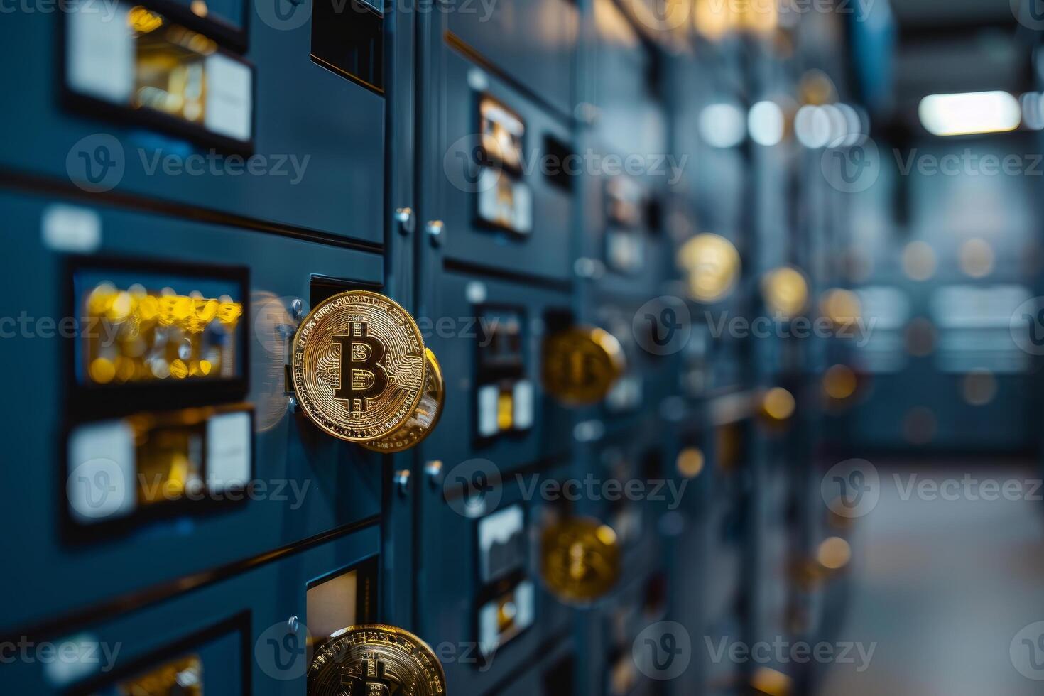Bitcoin cryptocurrency mining farm with golden coins being inserted into server racks photo