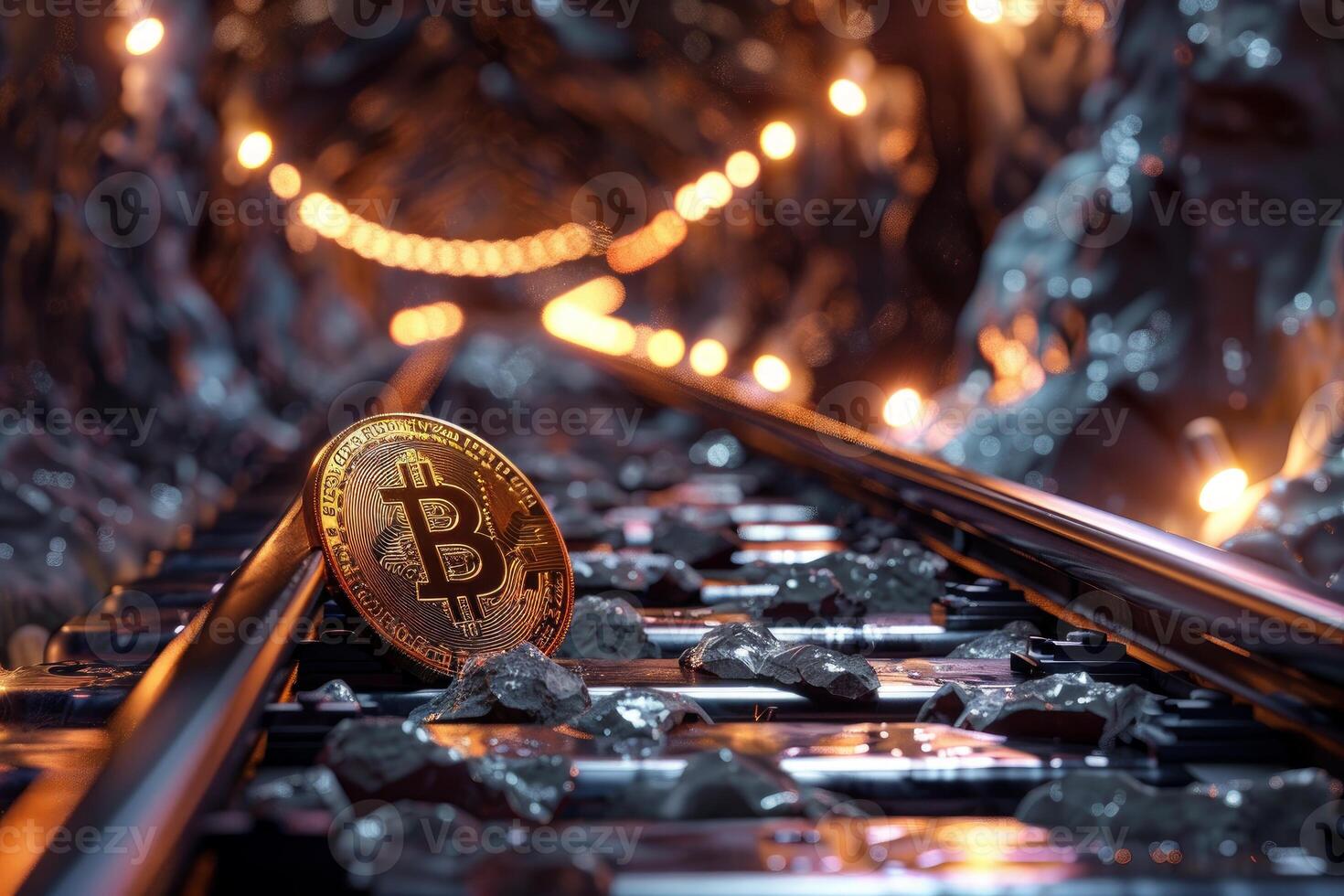 Golden bitcoin cryptocurrency coin resting on railroad tracks leading into a dark mine photo