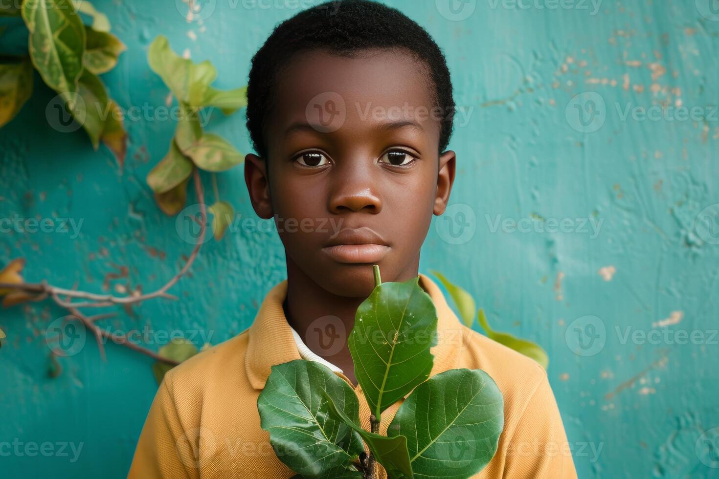 Young boy is holding some leaves in front of a bright turquoise wall photo