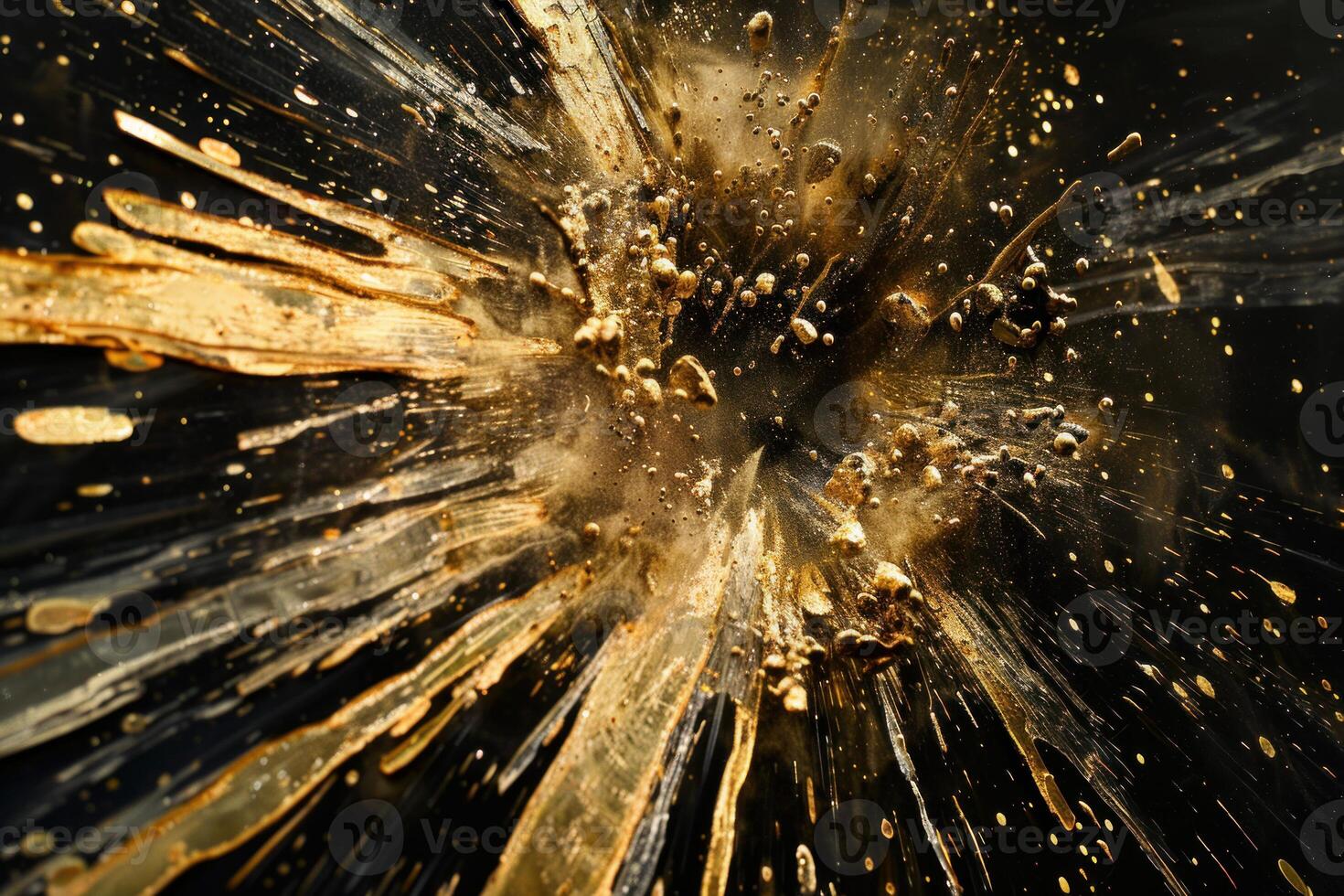 Gold particles exploding from the center creating a starburst shape on black background photo