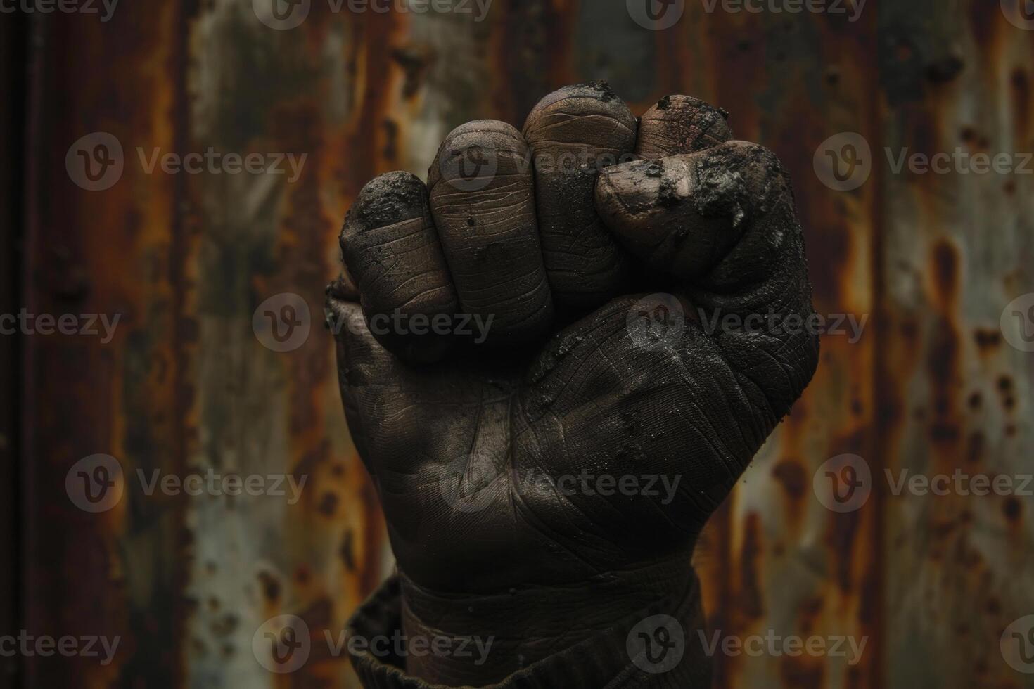 Coal miner hand making fist with coal dust covering hand and fingers photo