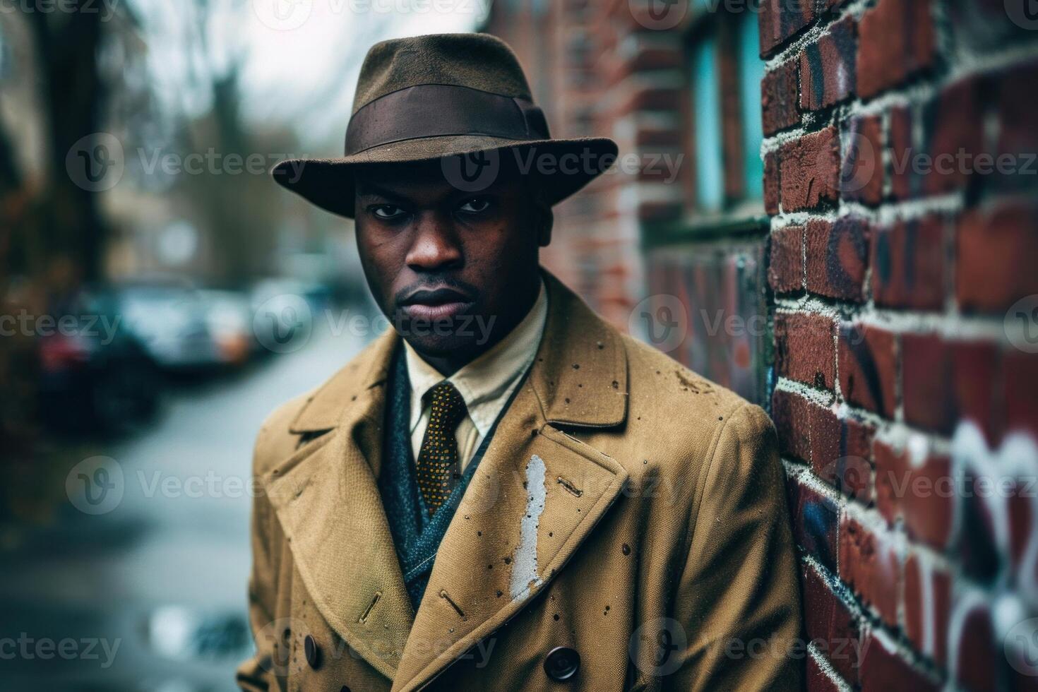 Serious 1940s gangster wearing a trench coat and hat leaning against a brick wall photo