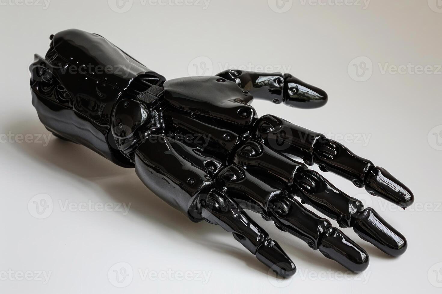 Black artificial hand prosthesis is lying on white surface photo
