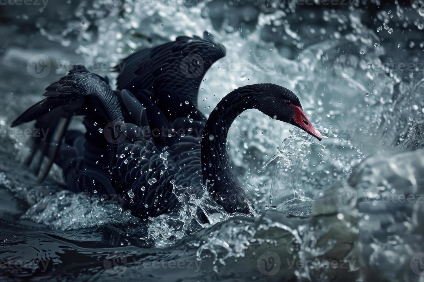 Beautiful black swan with red beak cleaning its feathers in a lake photo
