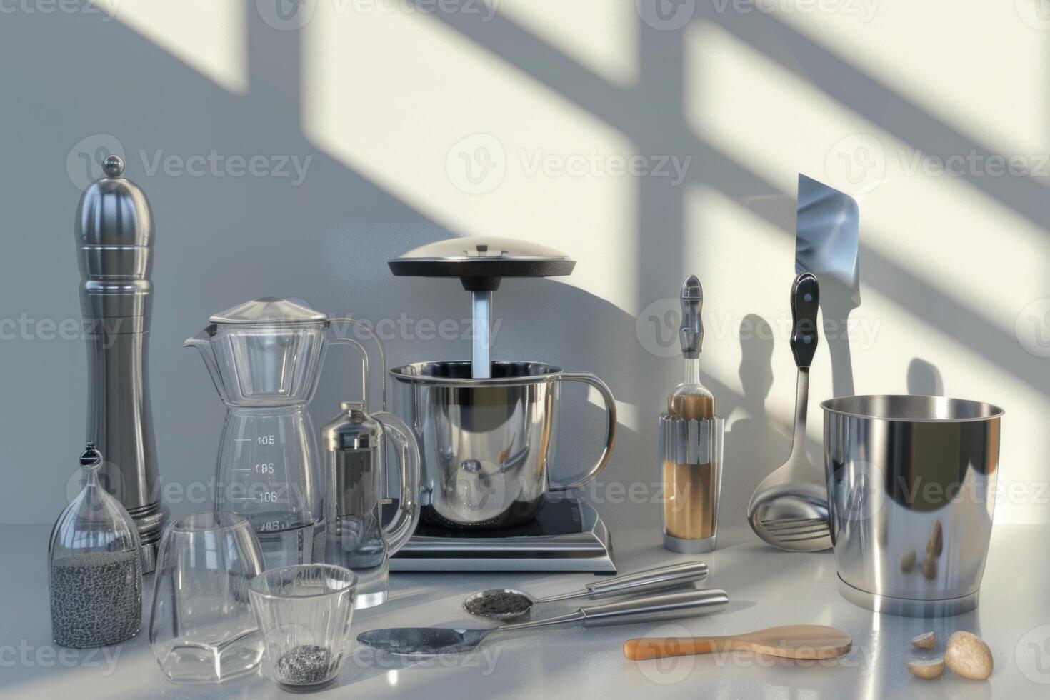 Modern kitchen utensils standing on white countertop by bright window light photo