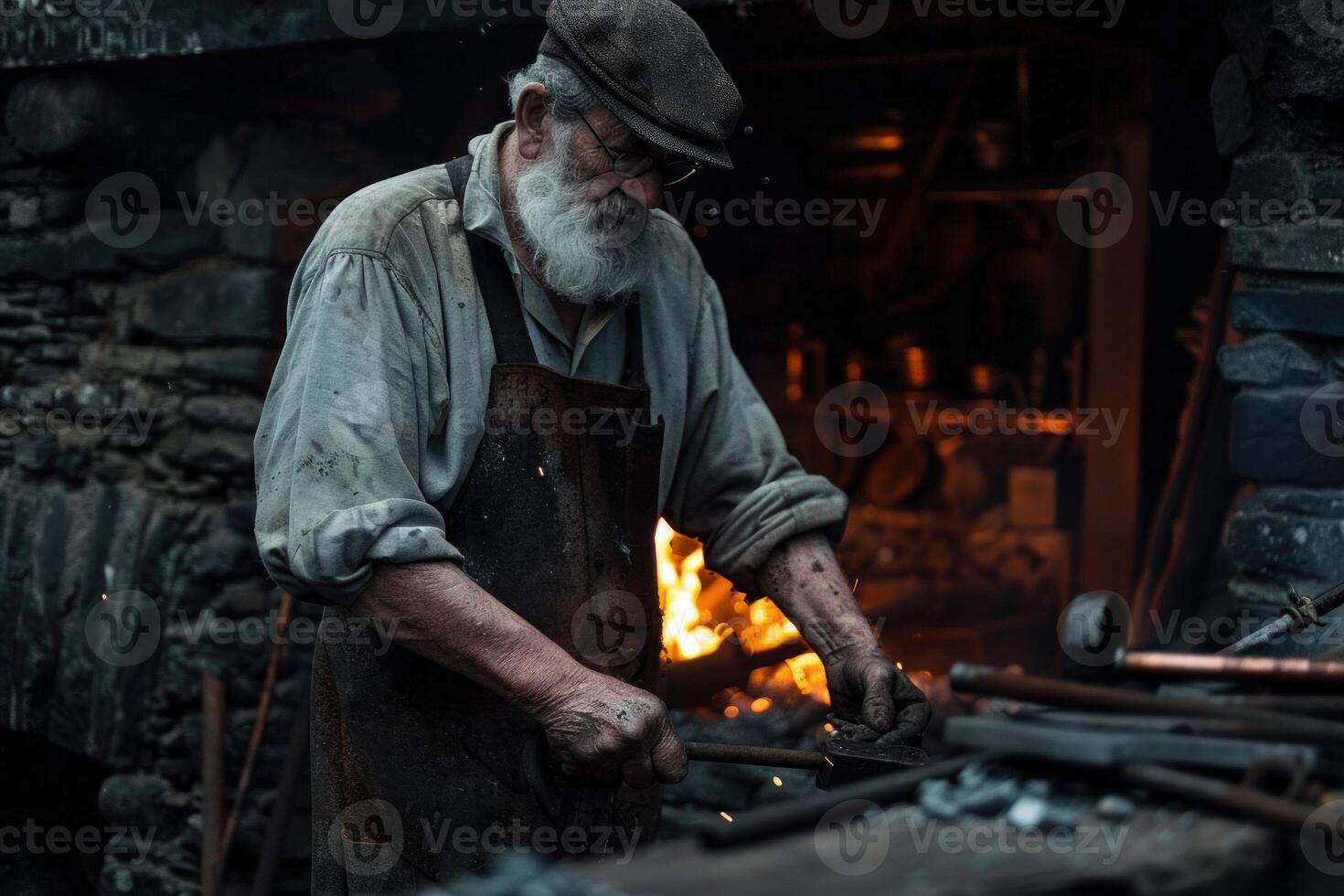 Blacksmith working metal with hammer and anvil in the forge photo