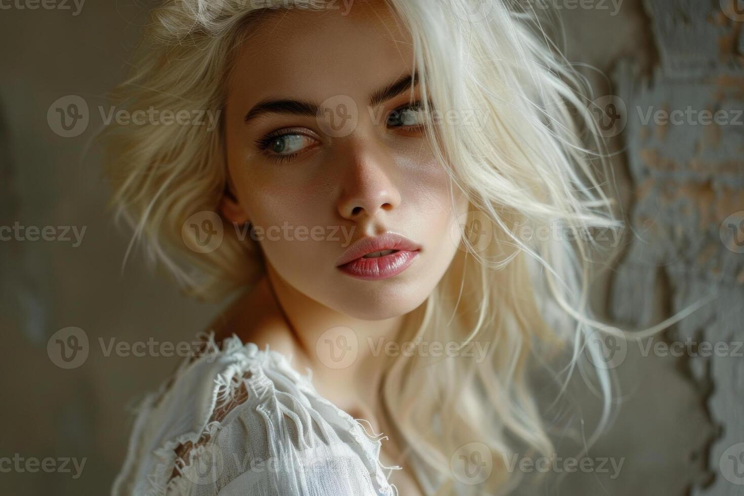 hermosa rubia mujer con largo pelo posando en blanco vestir foto