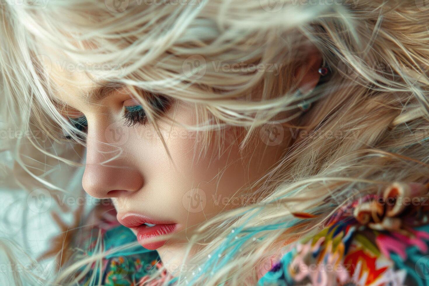 Fashion model posing with long blonde hair photo