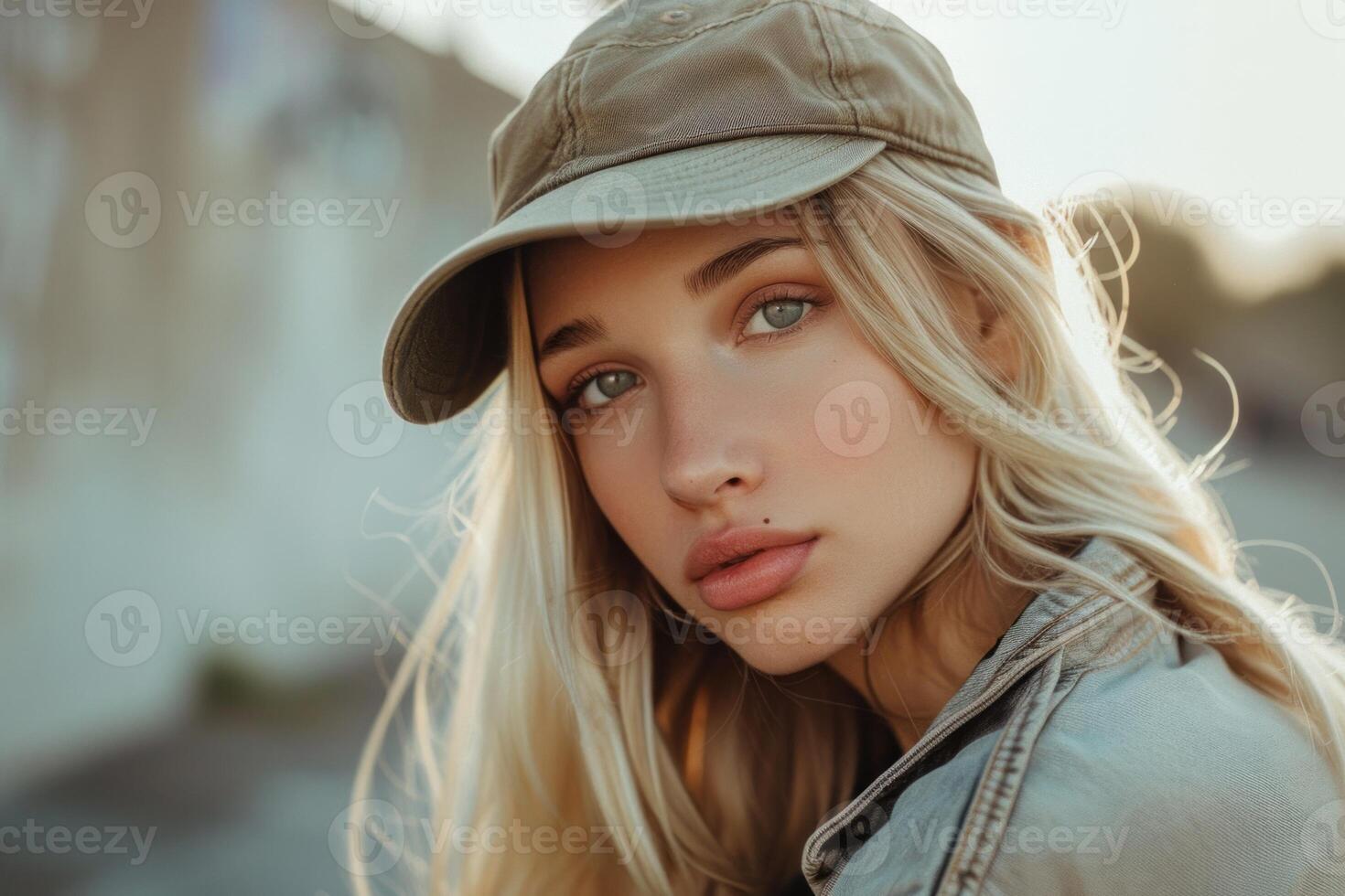 Attractive blonde woman with green eyes wearing a cap and denim jacket photo