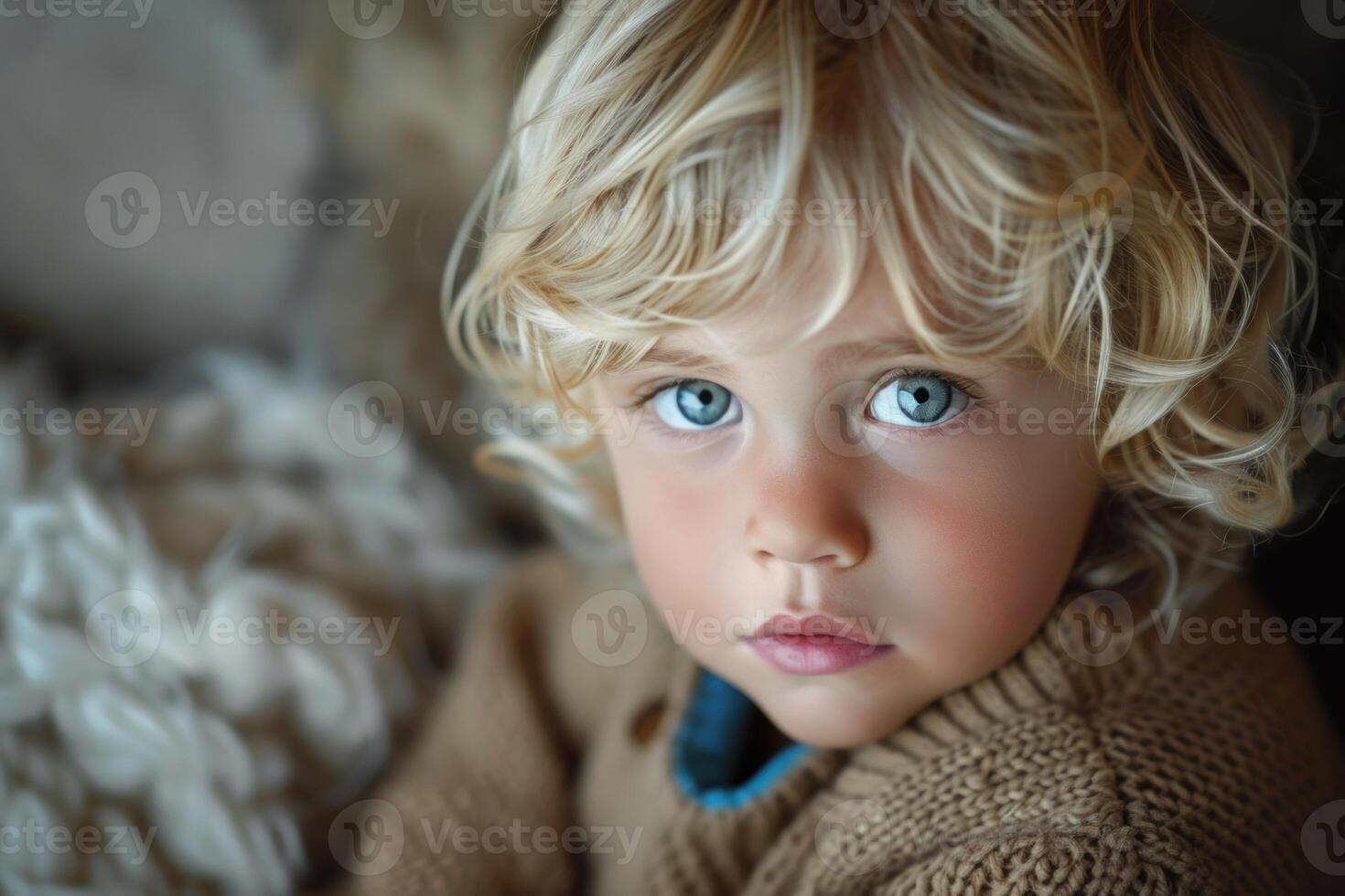 Portrait of adorable young boy with blond curly hair and blue eyes photo