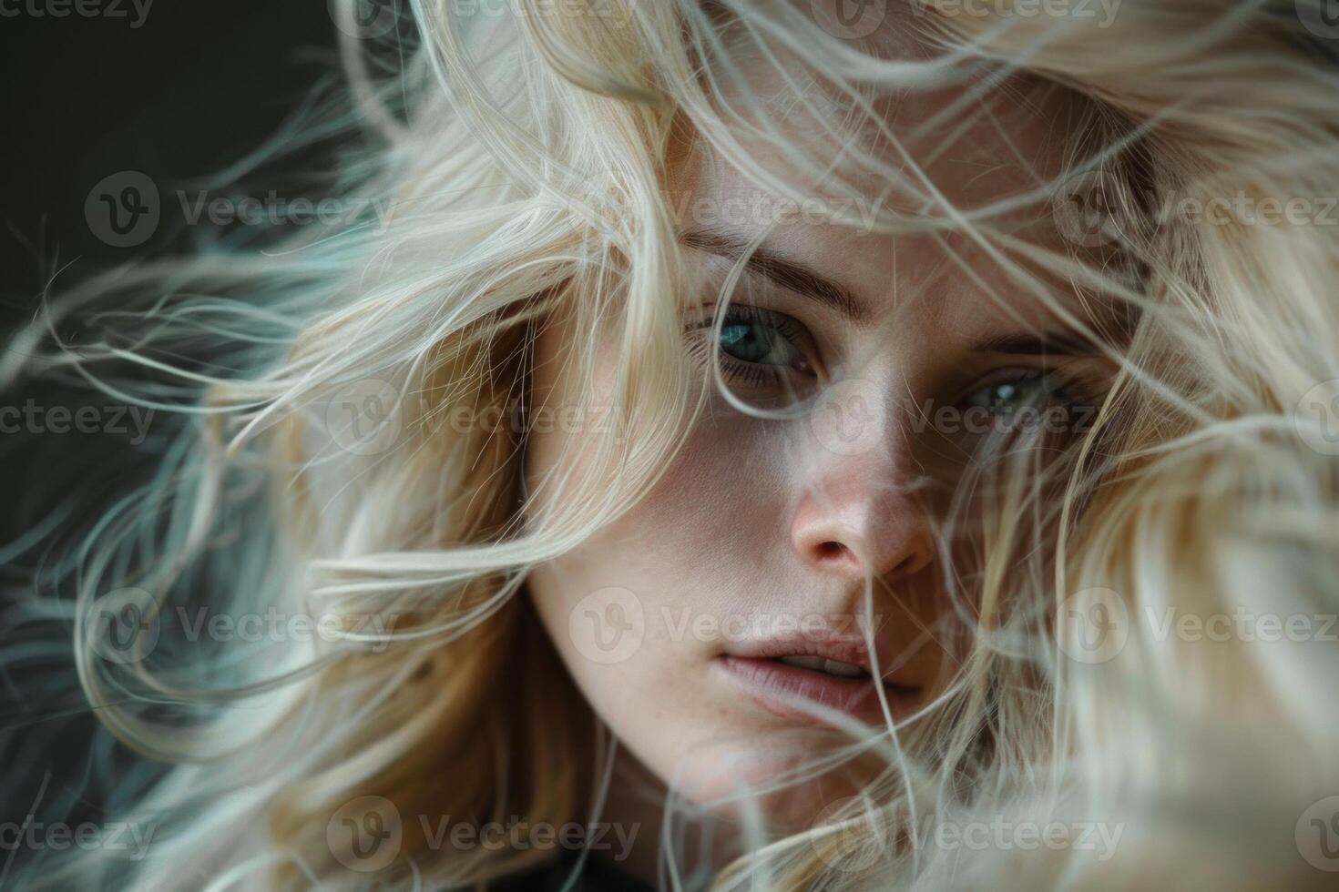 Young woman with long blonde hair flowing in the wind photo