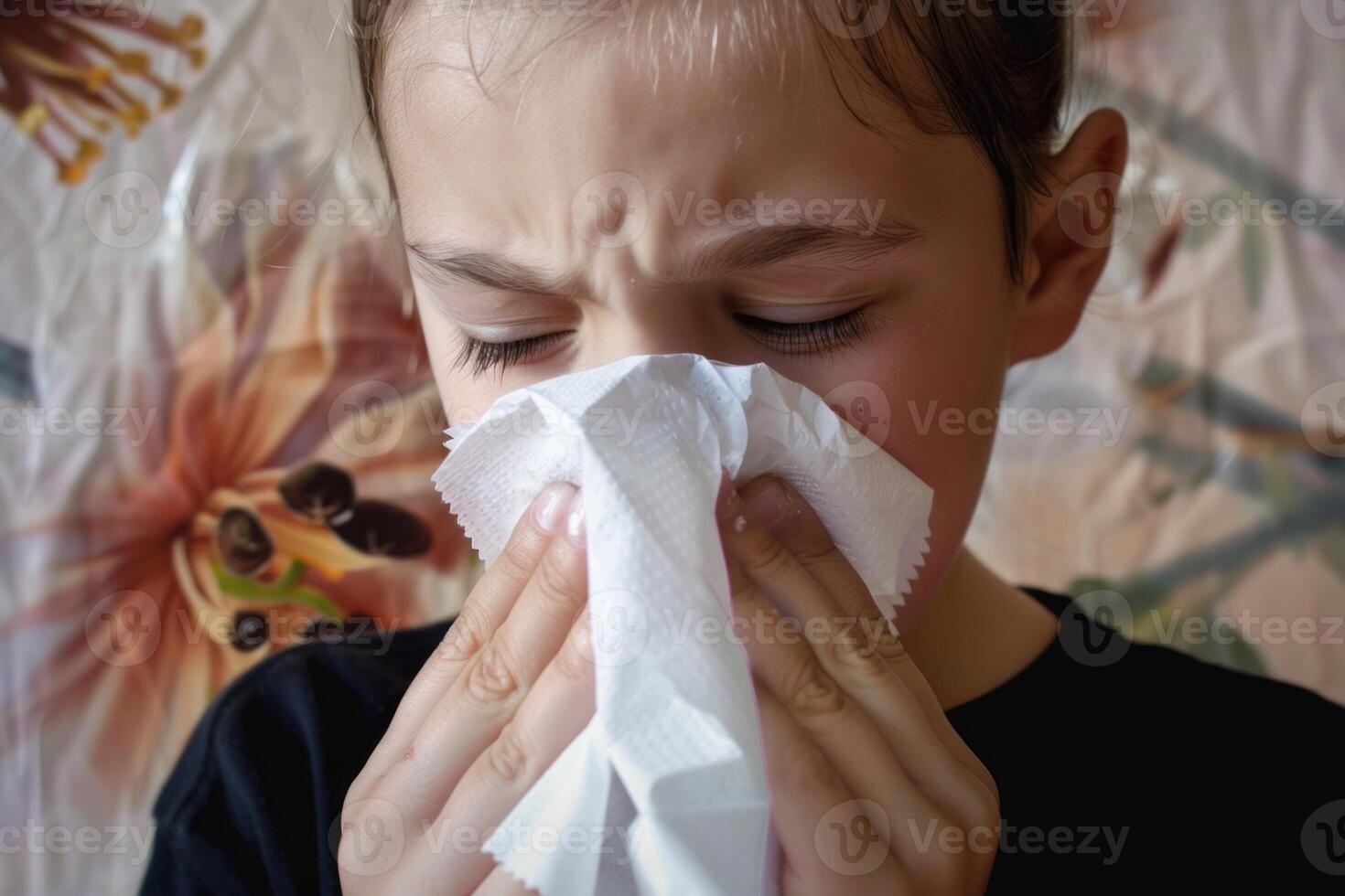 Sick young boy blowing his nose with a tissue photo