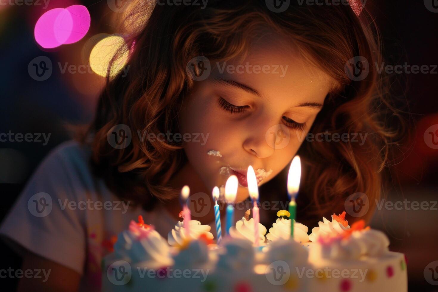 Little girl making a wish blowing candles on birthday cake photo