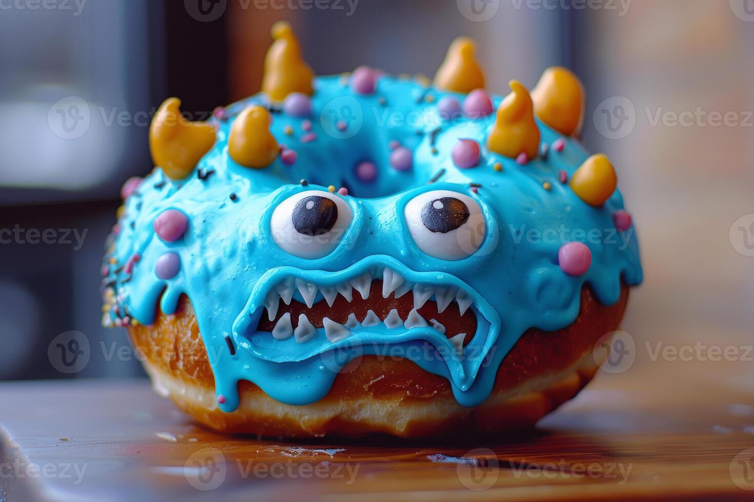 Blue monster donut with sprinkles smiling on wooden surface photo
