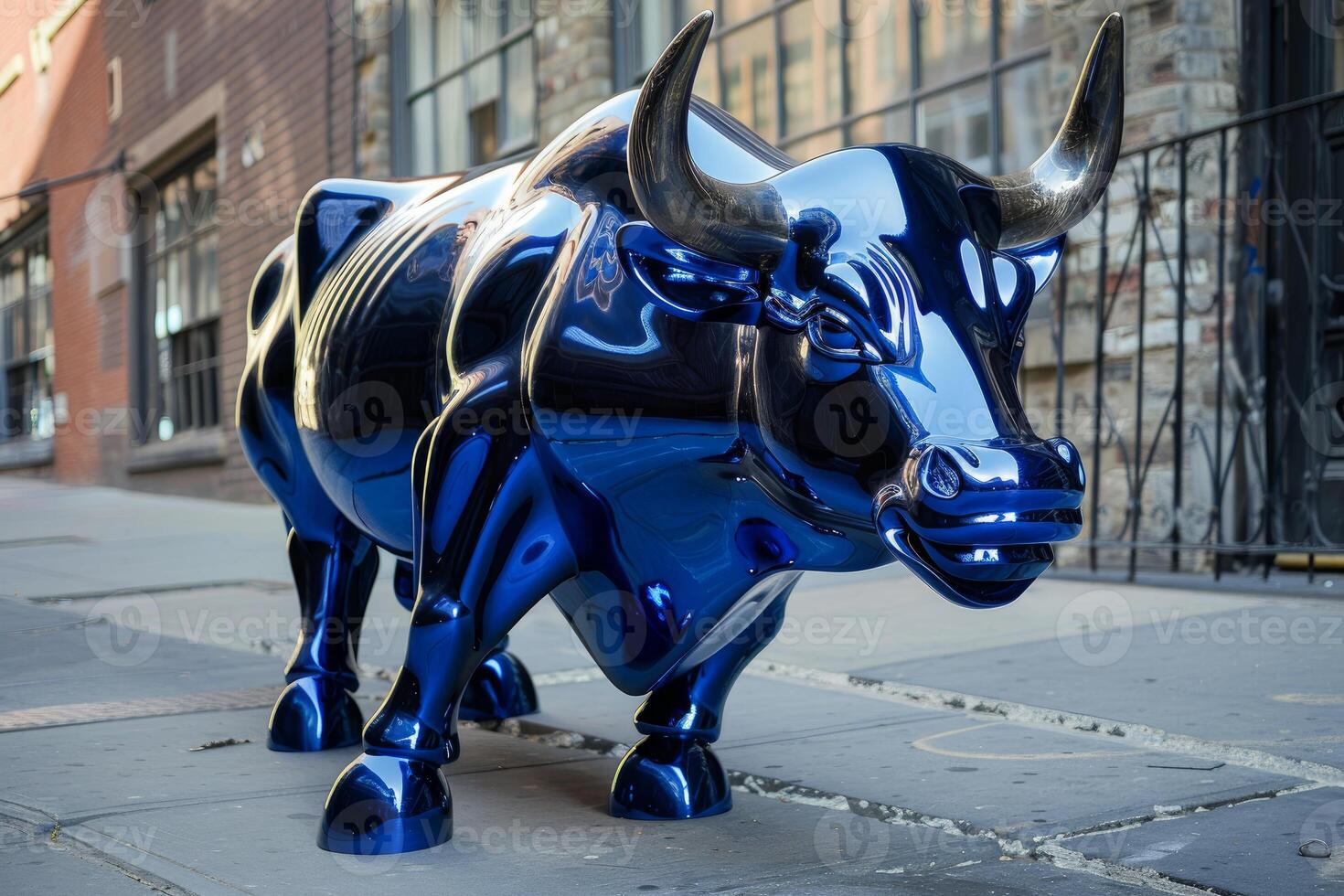 Blue bull sculpture standing on a cobblestone street photo