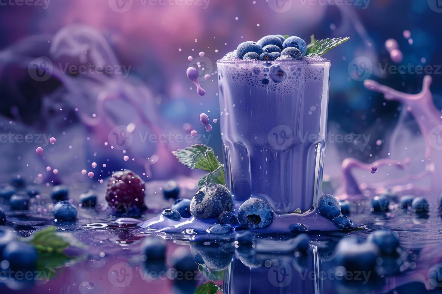 Refreshing blueberry smoothie surrounded by splashing ingredients photo