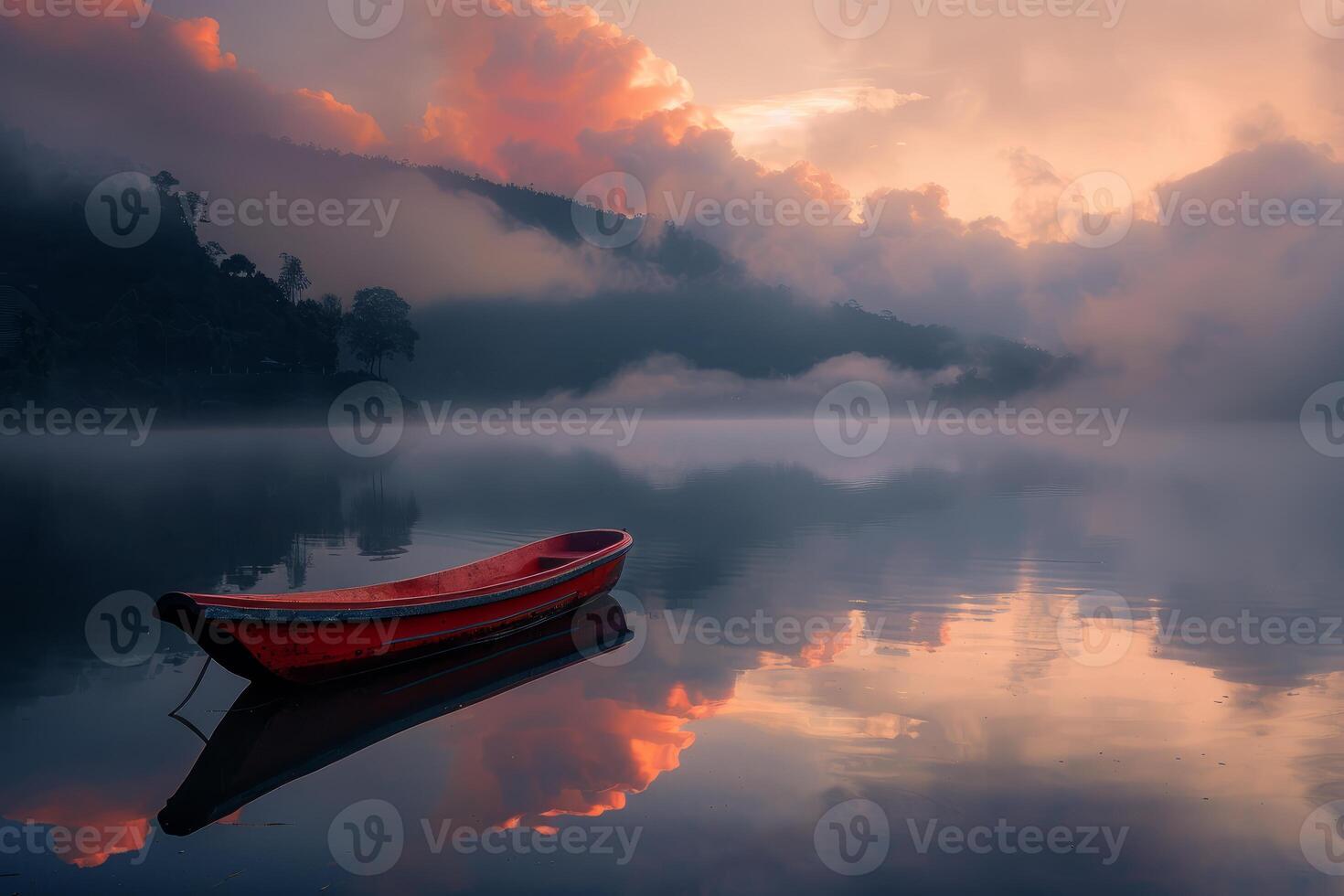 Small red wooden boat floating on a lake at dawn with misty mountains in the background photo