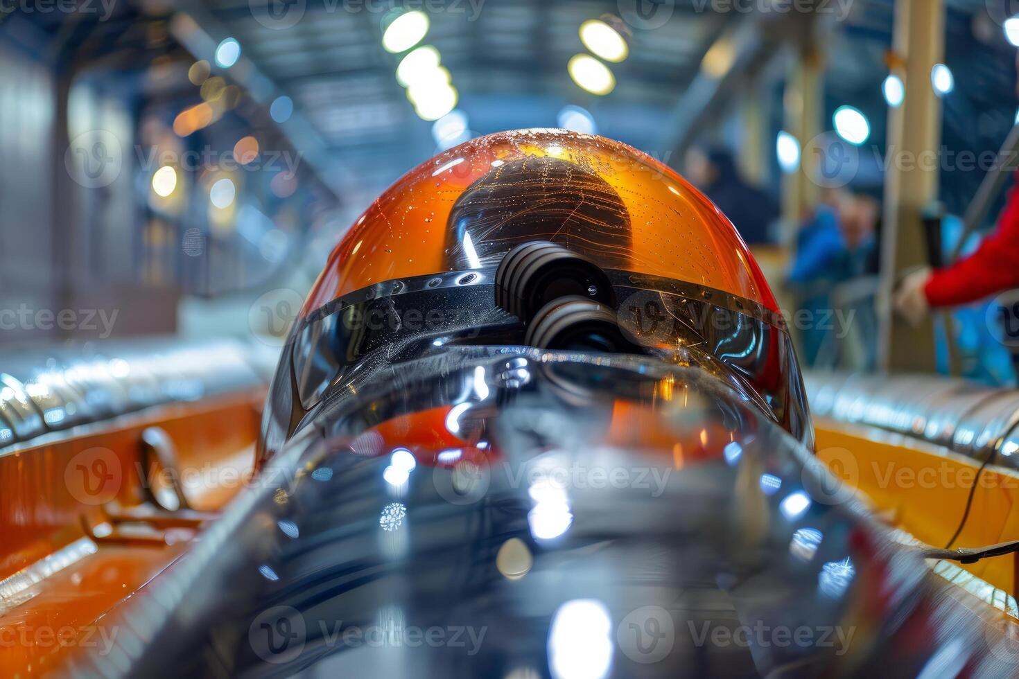 Futuristic bobsleigh standing in indoor track waiting for athletes photo