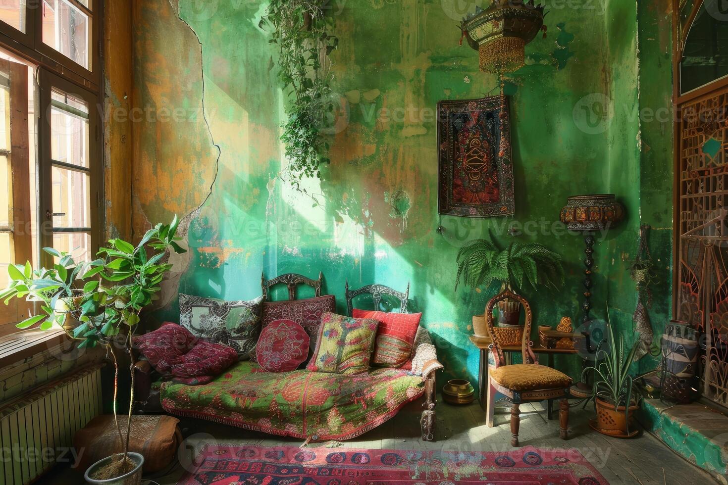 Bohemian style living room with green walls and plants creating relaxing atmosphere photo