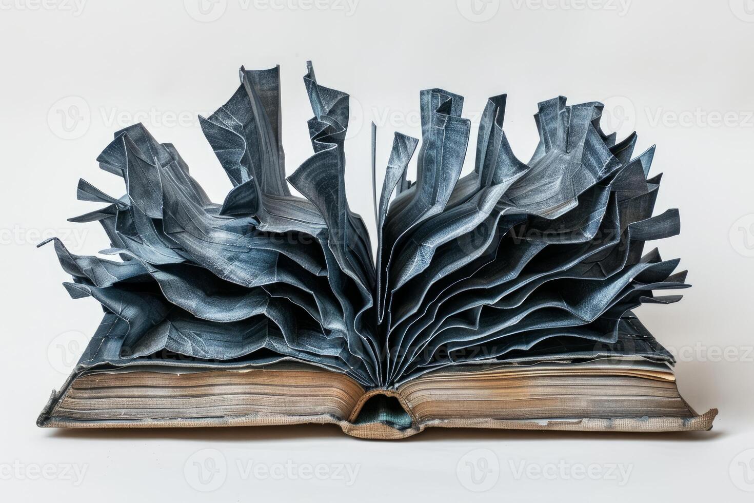 Old book exploding with folded blue paper extending upwards photo