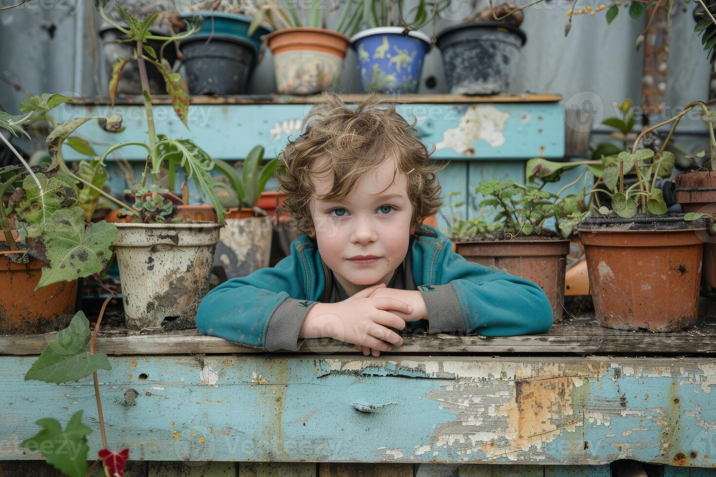 Little gardener resting chin on hands in front of plants photo