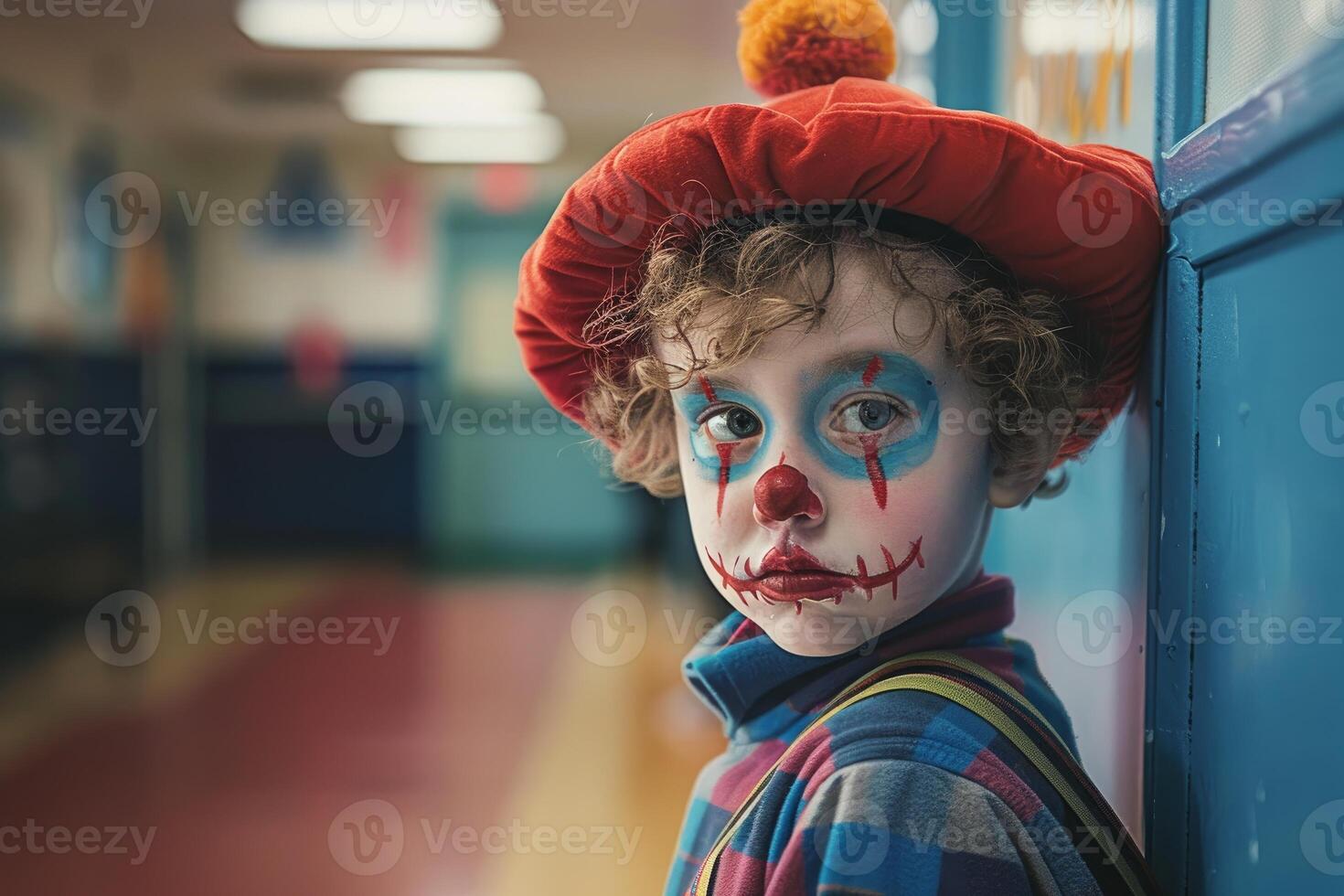 Sad child wearing clown costume posing in school hallway photo