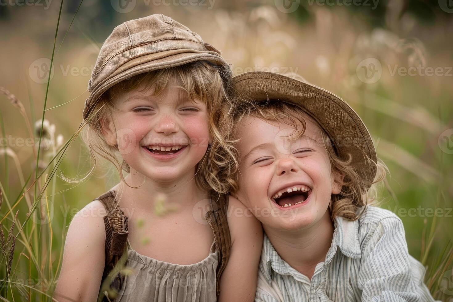 Two young children wearing hats laughing together in a field photo