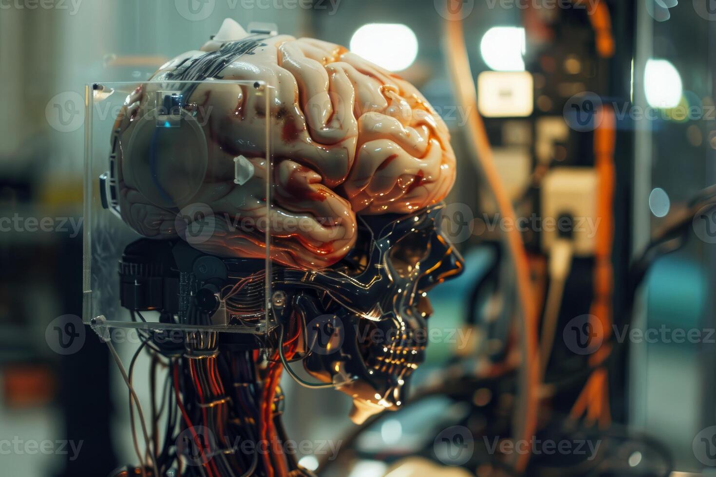 Cyborg showing artificial intelligence with exposed brain photo