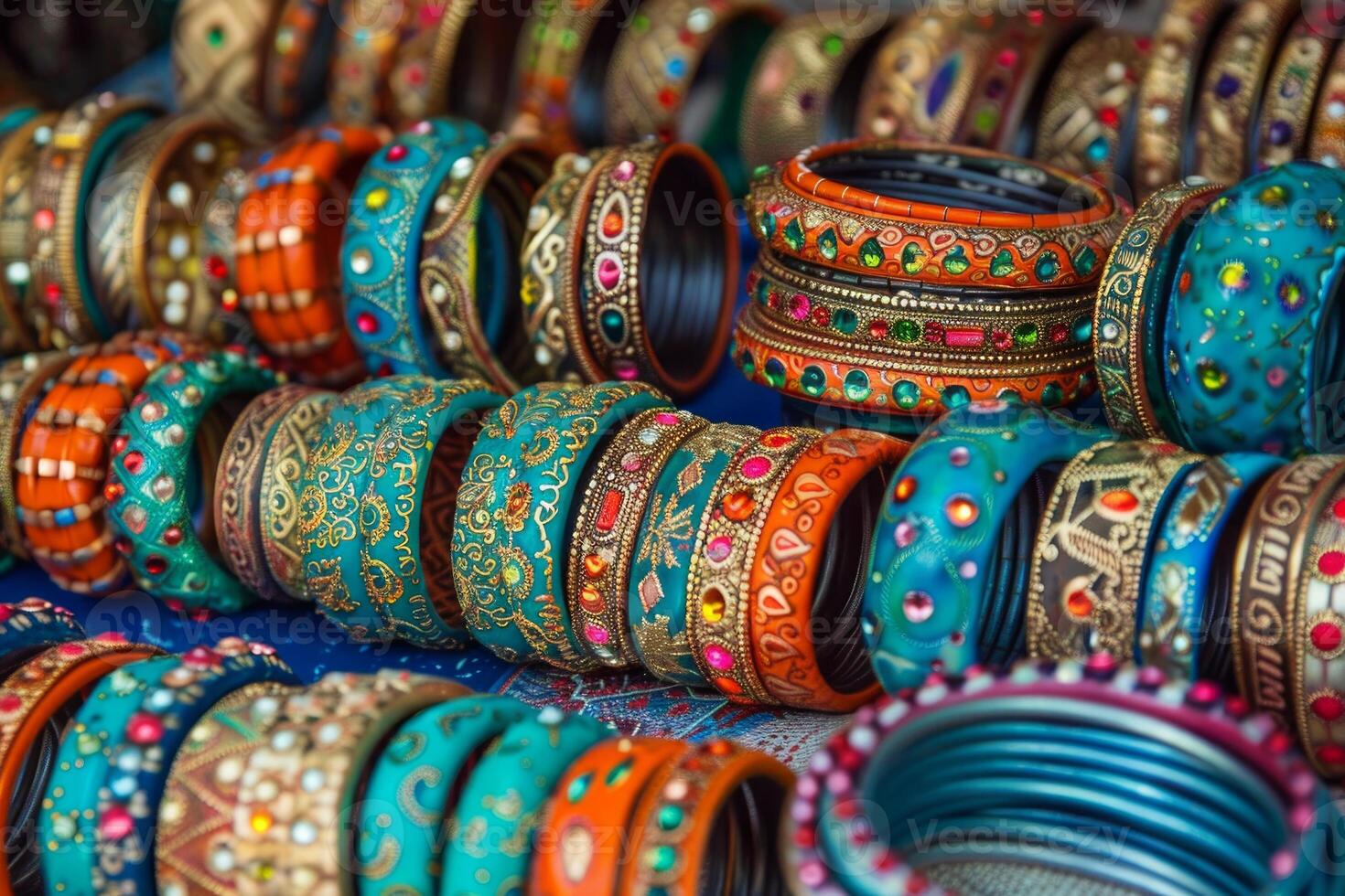 Colorful indian bangles for sale at the market displayed on a table photo