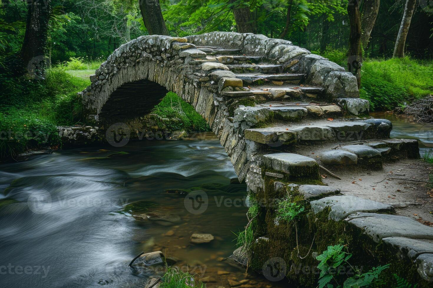 Old stone bridge crossing a river in the forest photo