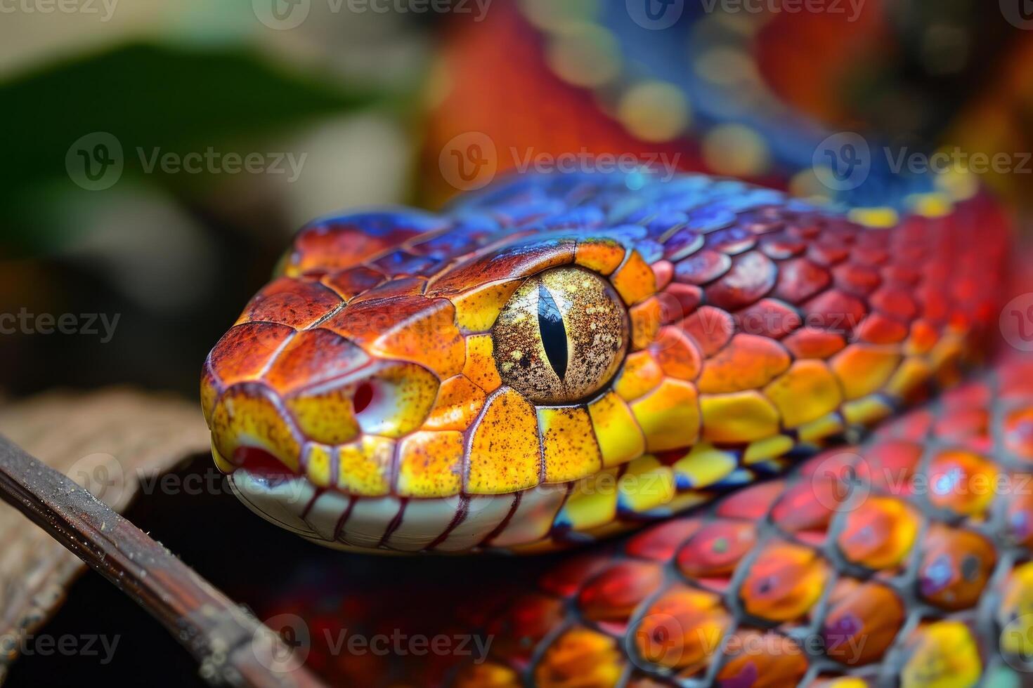Colorful bush viper snake resting on a branch photo