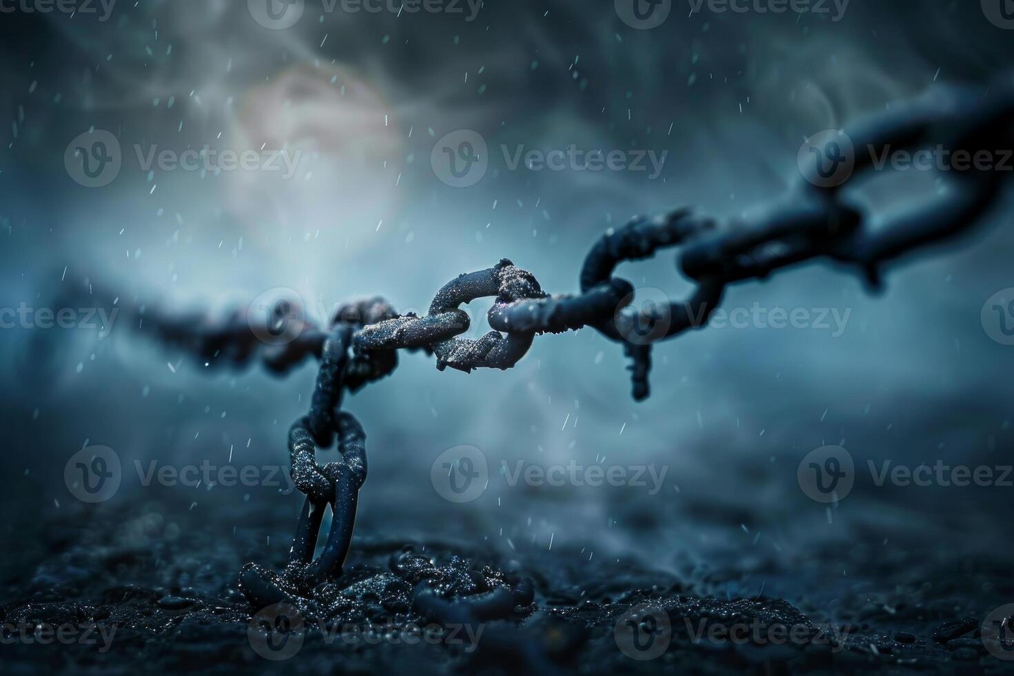 Heavy chain lying on wet ground under dramatic sky photo