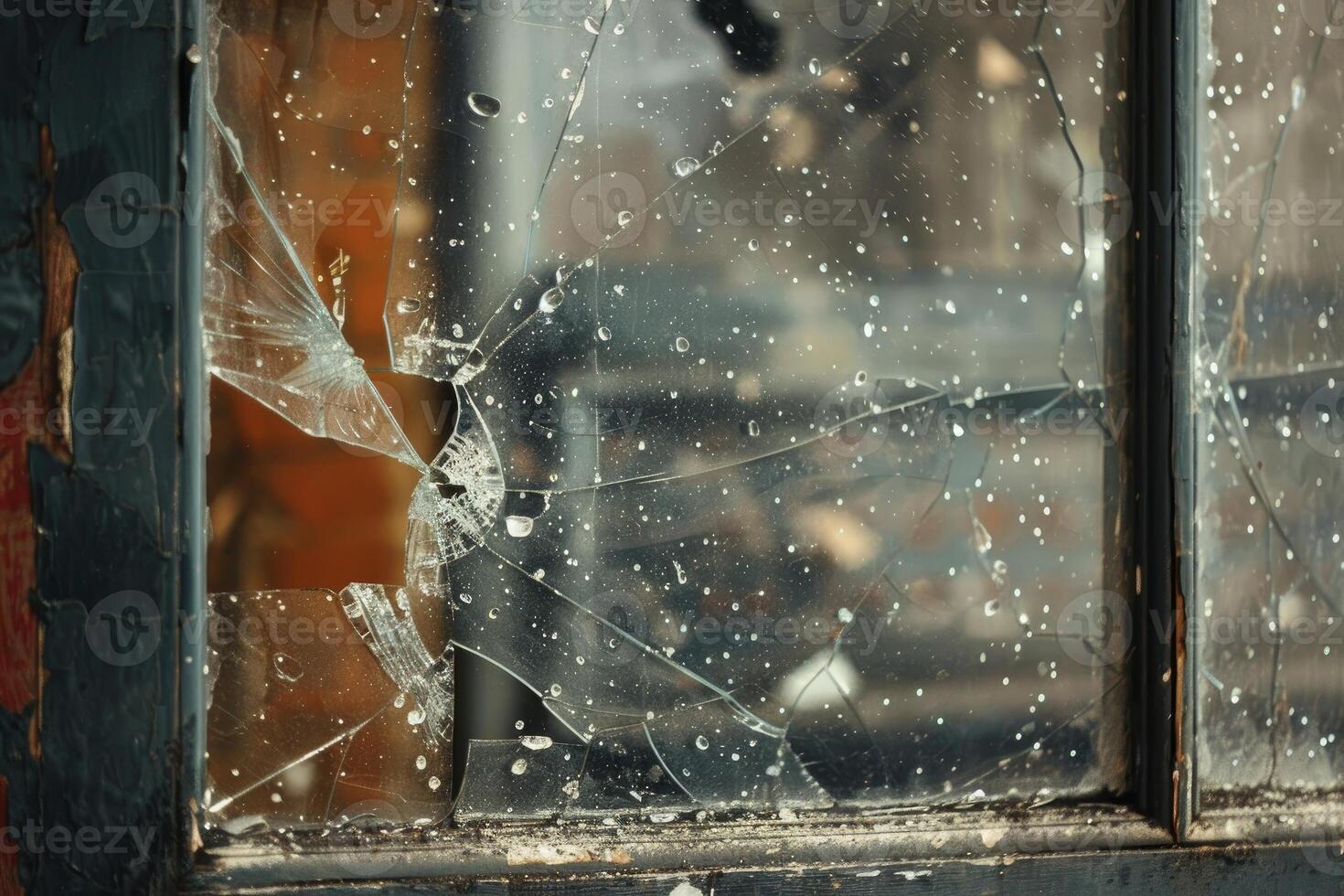 Old broken window showing rain drops falling on glass photo