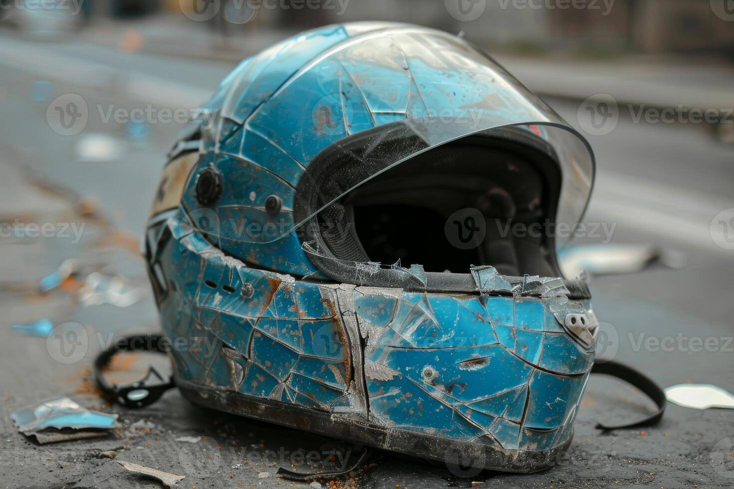 Broken motorcycle helmet lying on asphalt after traffic accident photo