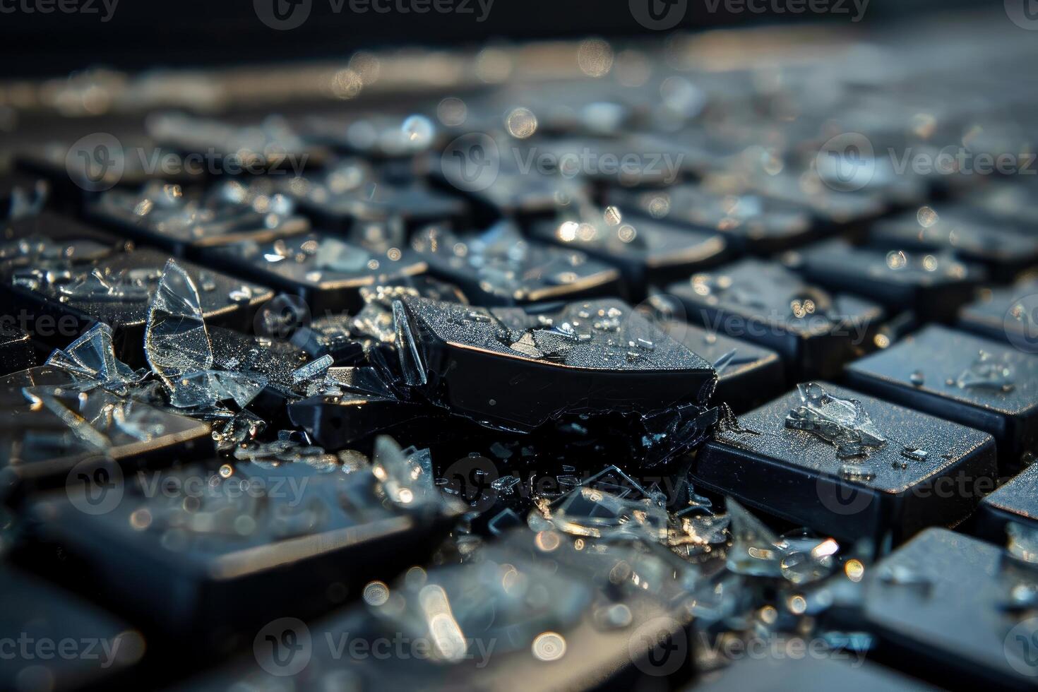 Broken glass covering keys on black computer keyboard photo
