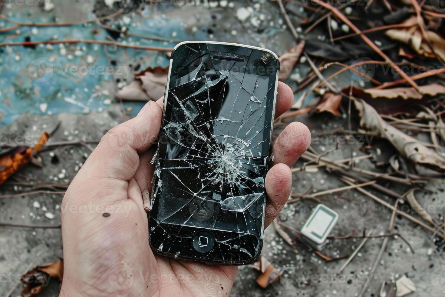 Hand holding a broken smart phone with a shattered screen photo