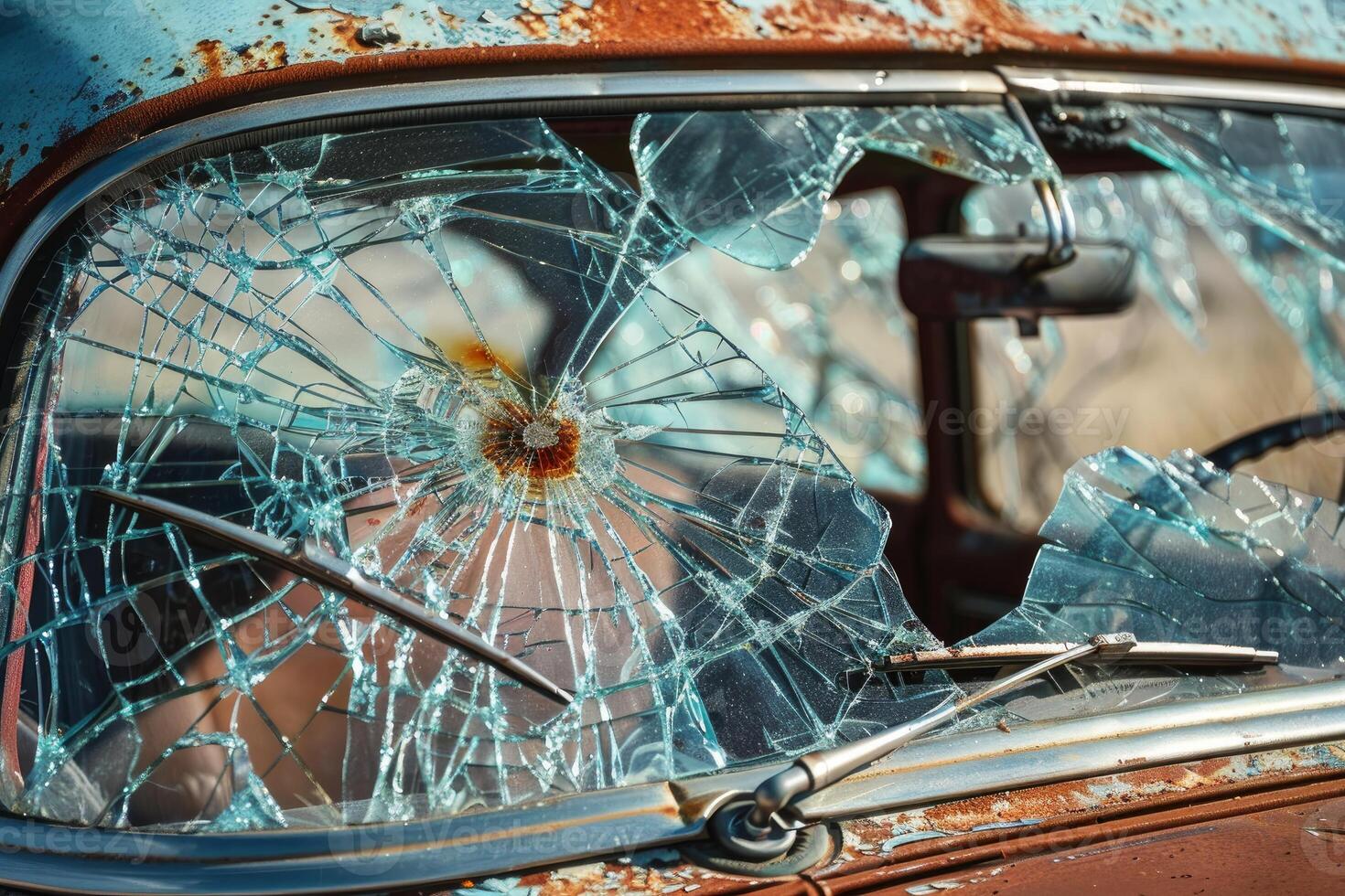Broken windshield on an abandoned vintage car rusting away photo